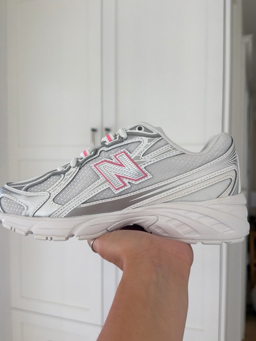 New Balance Kids White and Pink Mesh Athletic Sneakers